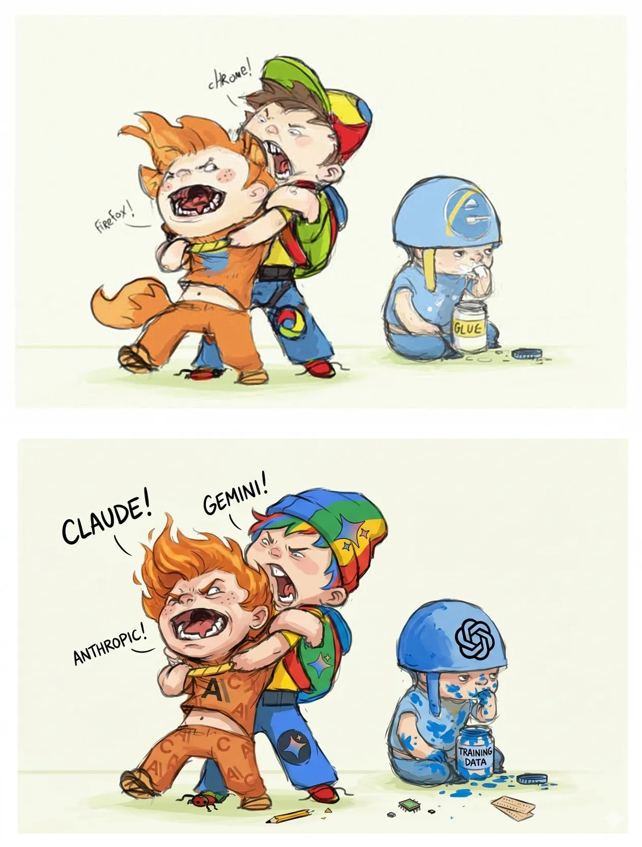 Firefox and Chrome fighting while Internet Explorer eats glue, mirrored below by Claude and Gemini fighting while ChatGPT eats training data